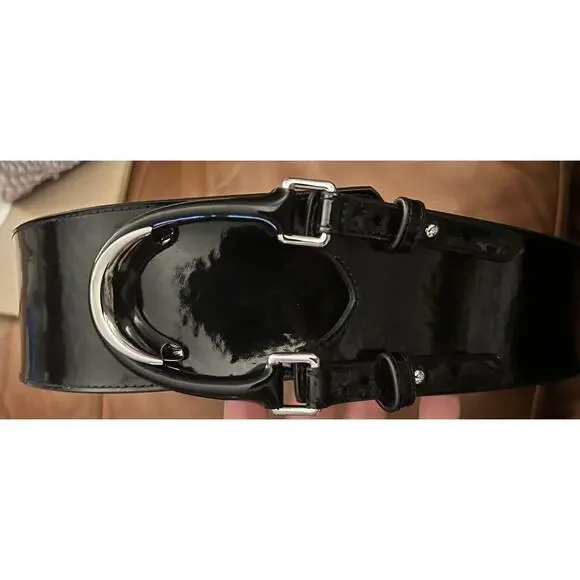 Lauren Ralph Lauren Patent Leather Stretch Corset Horse Shoe Black Belt XL